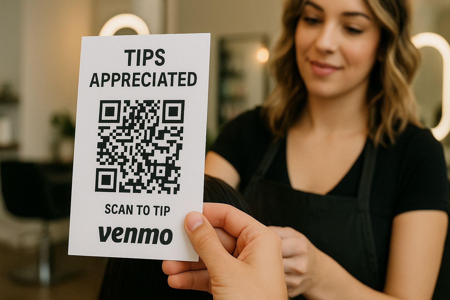 Hairstylist with QR code for tips